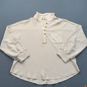 New In Henley Top Women Medium Cream Waffle Knit Oversized Raw Hem
